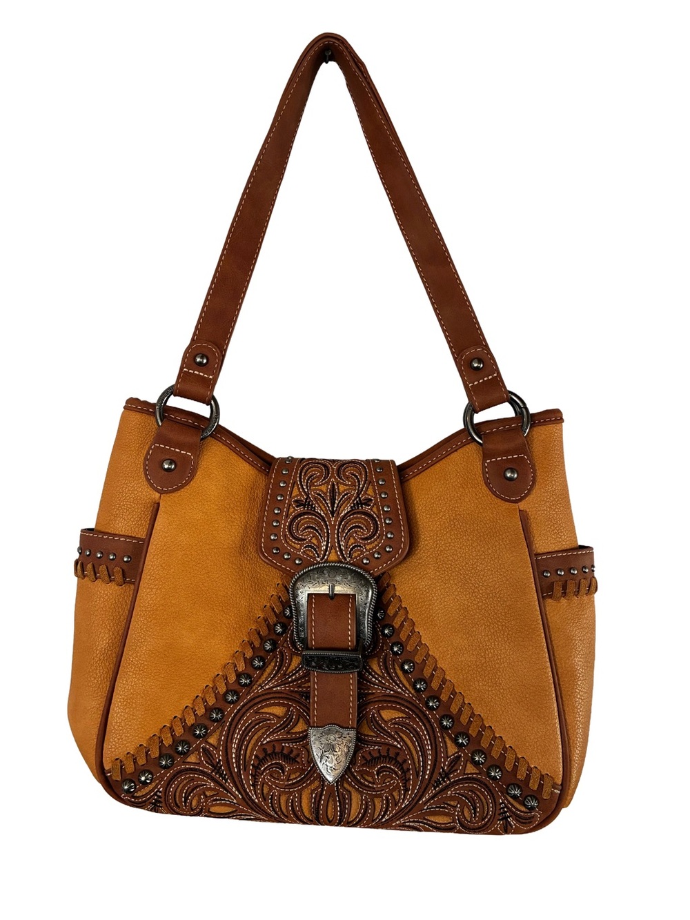 Montana West Western Tooled Floral Embroidered Shoulder Bag — Mustard/Tan